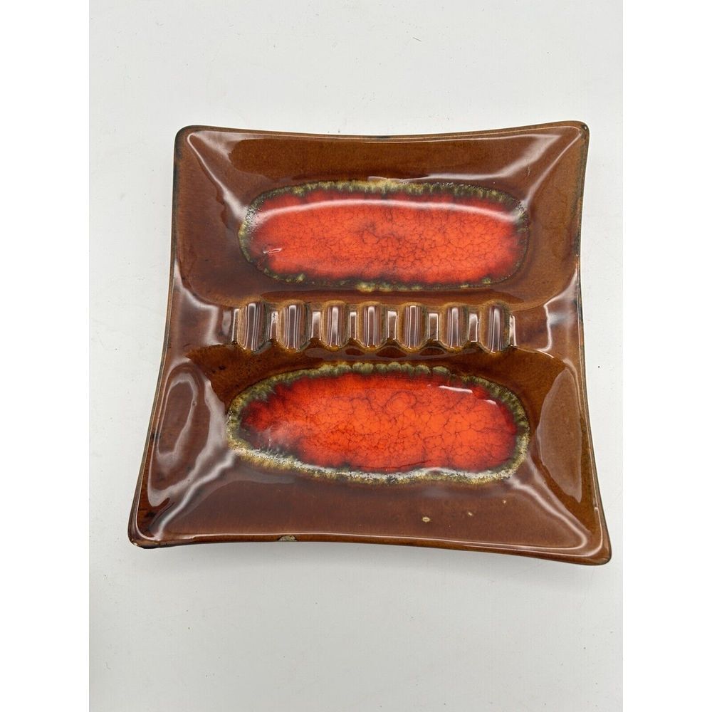 Vintage MCM LG Square Cigar‎ Ashtray Brown Red Drip Glaze Pottery USA Boho Retro